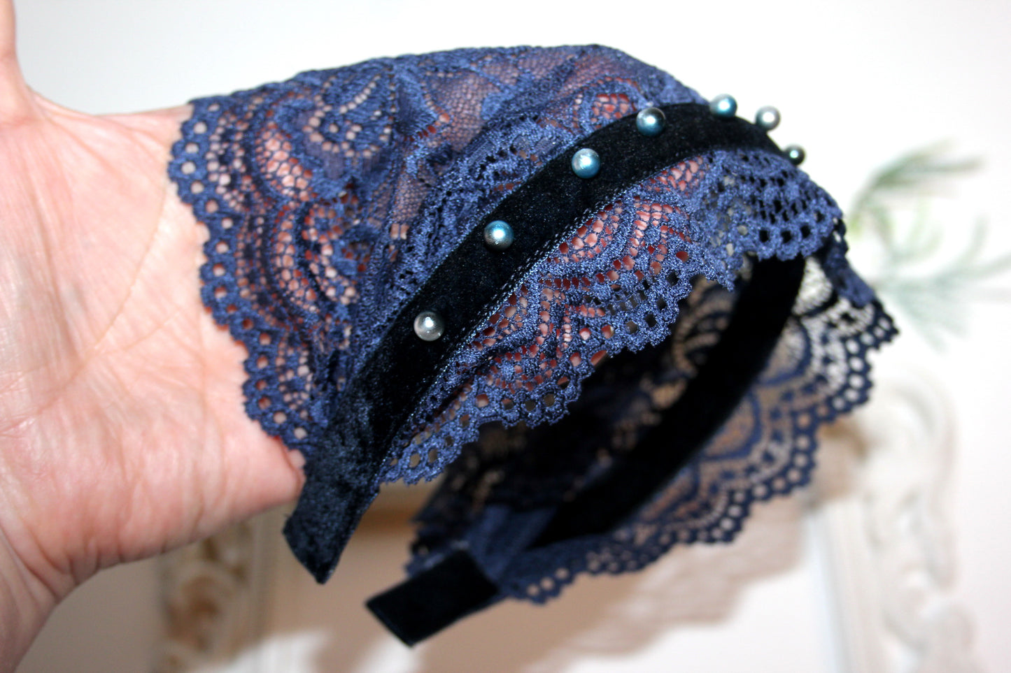 Dark Blue lace headband Christian beaded veil 6"inch adjustable, plastic free