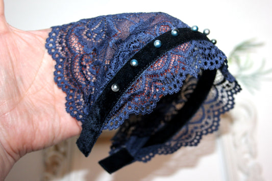 Dark Blue lace headband Christian beaded veil 6"inch adjustable, plastic free