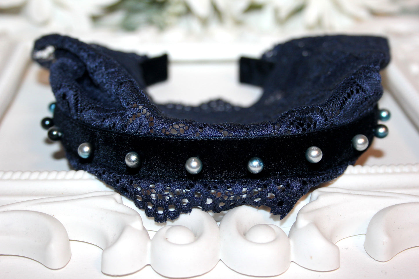 Dark Blue lace headband Christian beaded veil 6"inch adjustable, plastic free