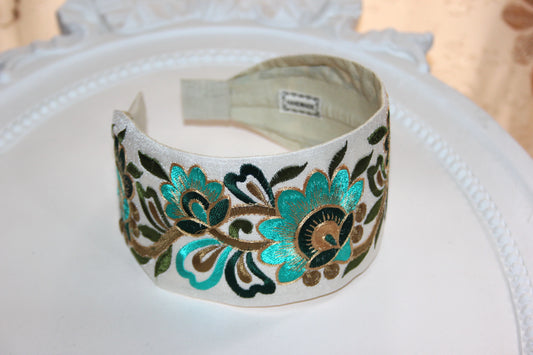 Embroidered headband 3" inch Boho flower hairband Turquoise Green & Gold head cover