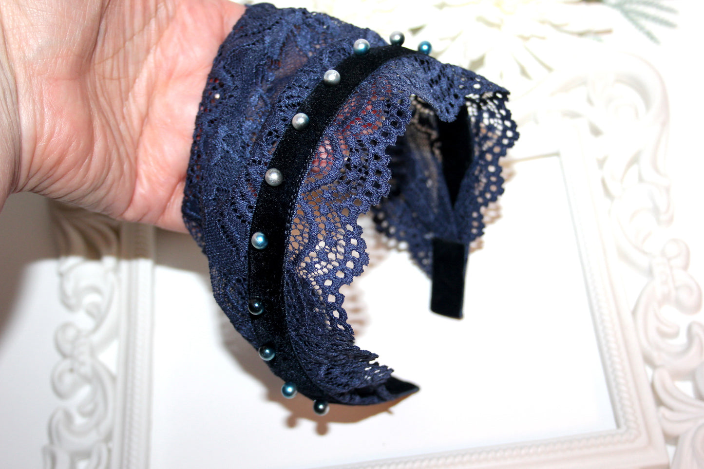 Dark Blue lace headband Christian beaded veil 6"inch adjustable, plastic free