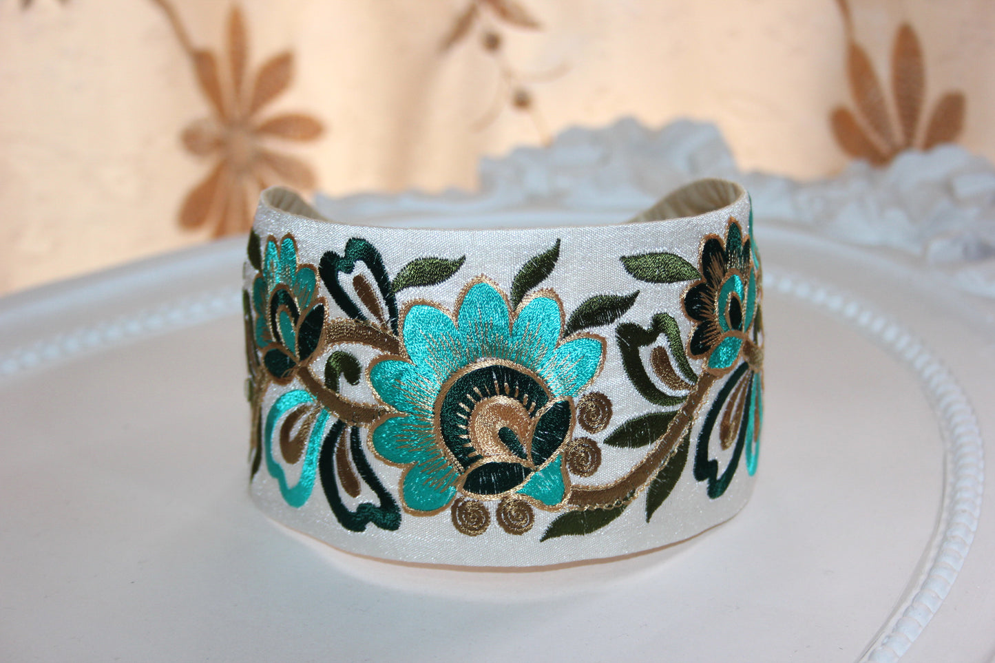 Embroidered headband 3" inch Boho flower hairband Turquoise Green & Gold head cover