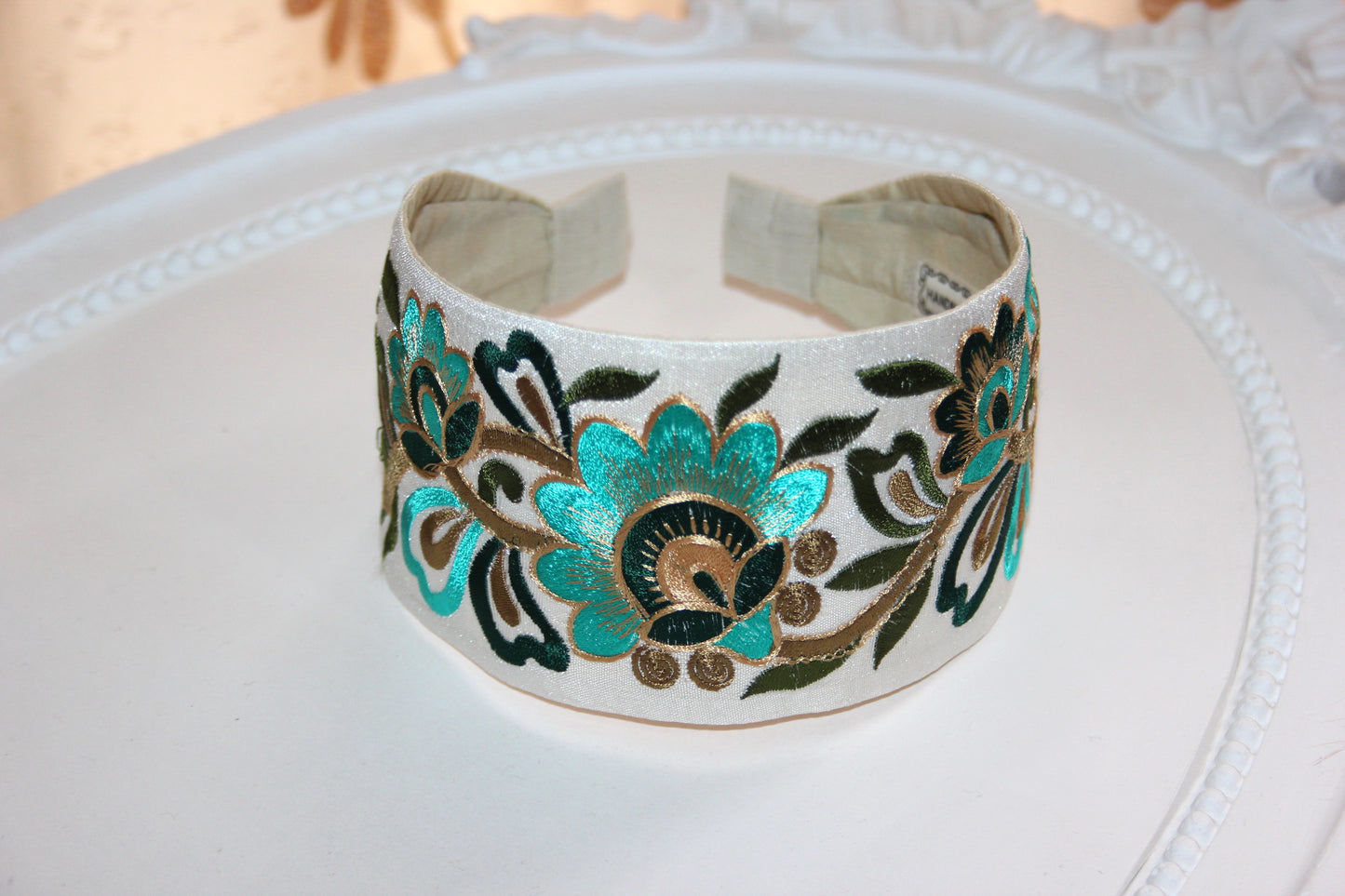 Embroidered headband 3" inch Boho flower hairband Turquoise Green & Gold head cover