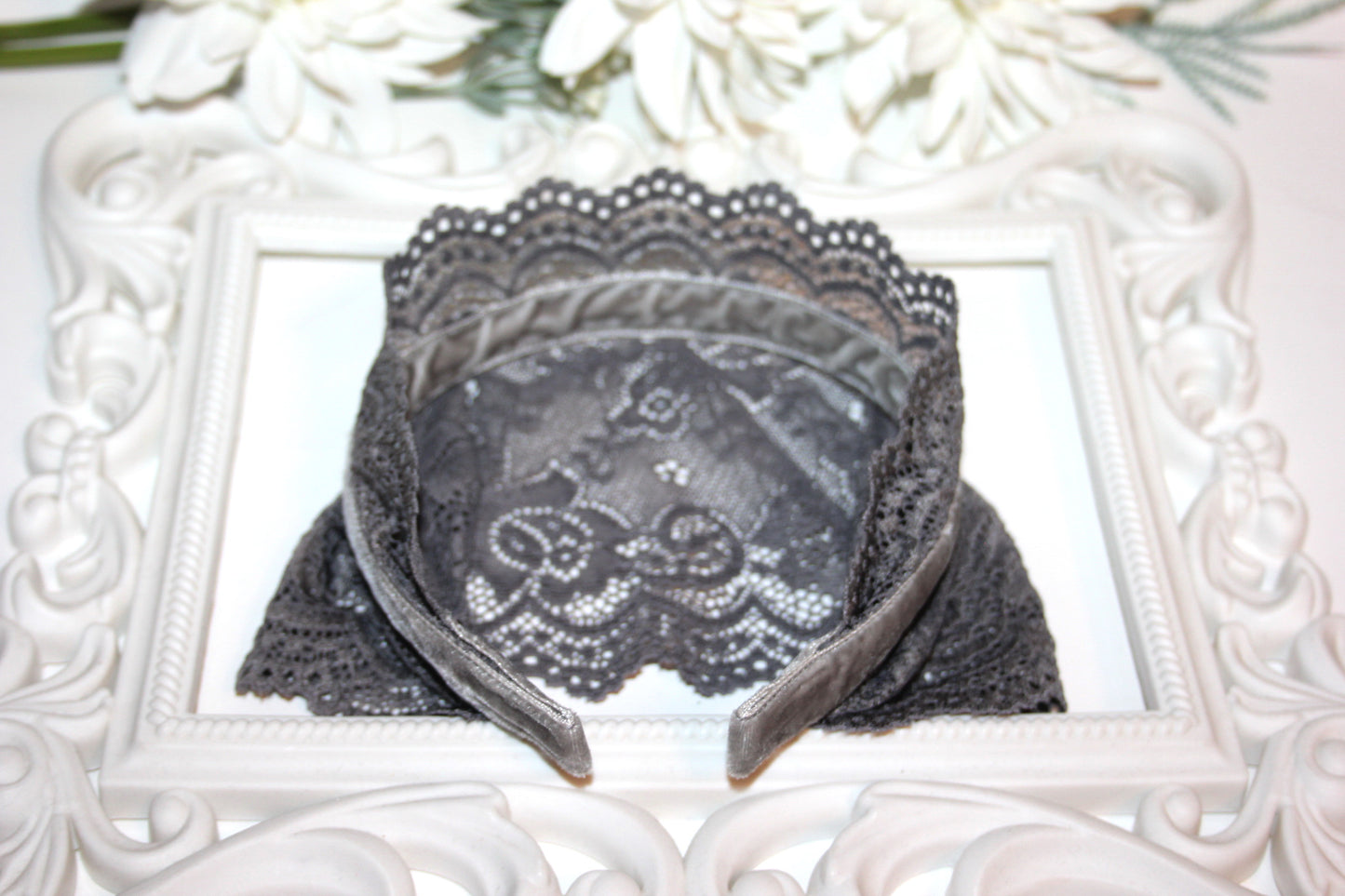 Gray prayer headband 6"inch Christian lace veil Structured religious head cover, plastic free