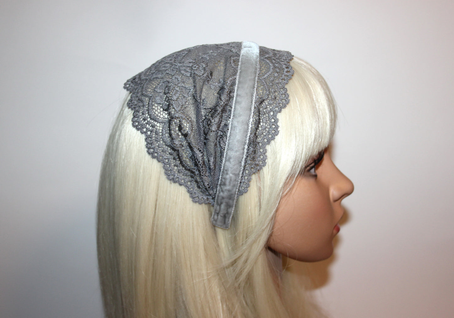 Gray prayer headband 6"inch Christian lace veil Structured religious head cover, plastic free