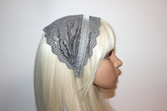 Gray prayer headband 6"inch Christian lace veil Structured religious head cover, plastic free
