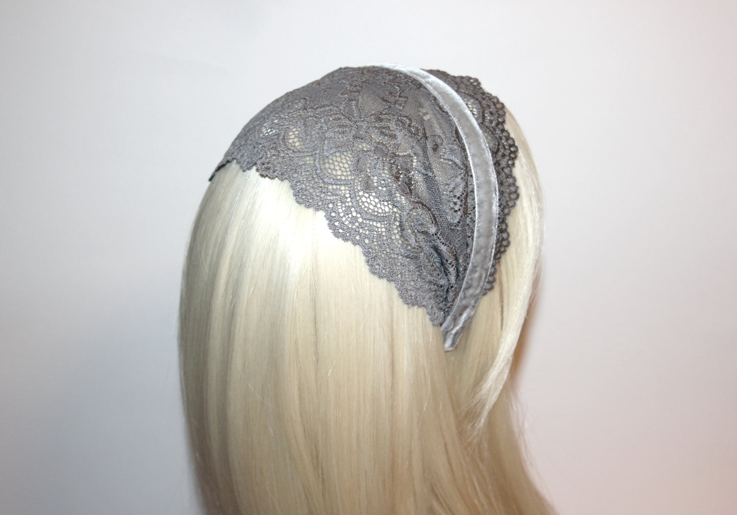 Gray prayer headband 6"inch Christian lace veil Structured religious head cover, plastic free