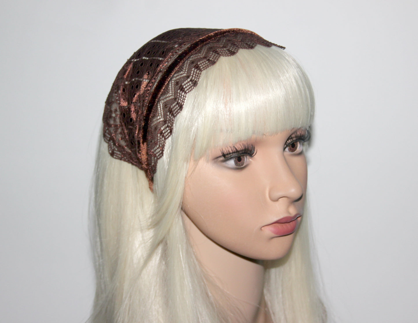 Chocolate Brown veil 6.75" inch Christian lace headband Structured religious head cover, plastic free