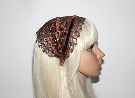 Chocolate Brown veil 6.75" inch Christian lace headband Structured religious head cover, plastic free