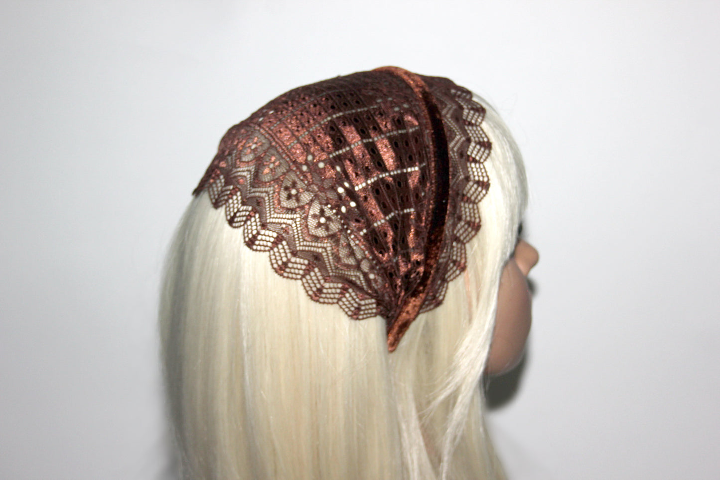 Chocolate Brown veil 6.75" inch Christian lace headband Structured religious head cover, plastic free