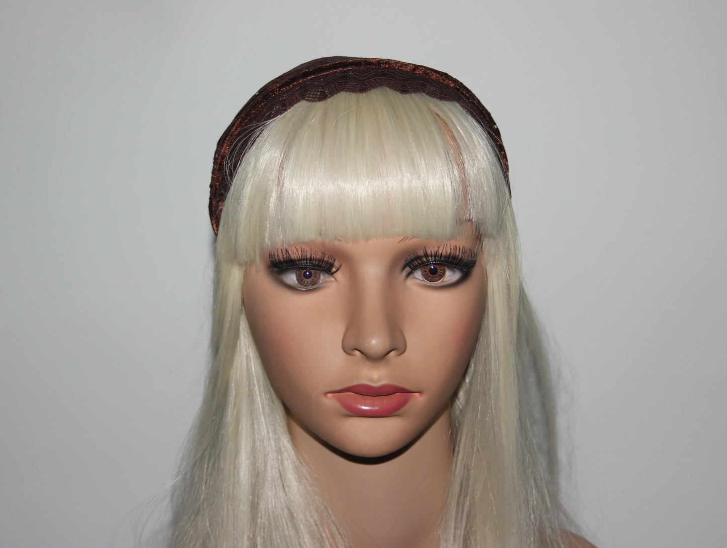 Chocolate Brown veil 6.75" inch Christian lace headband Structured religious head cover, plastic free