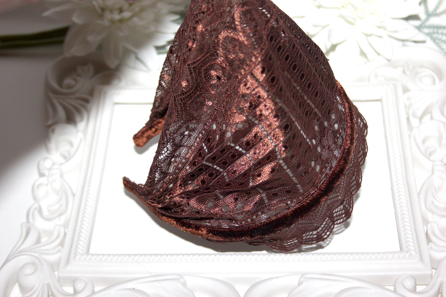 Chocolate Brown veil 6.75" inch Christian lace headband Structured religious head cover, plastic free