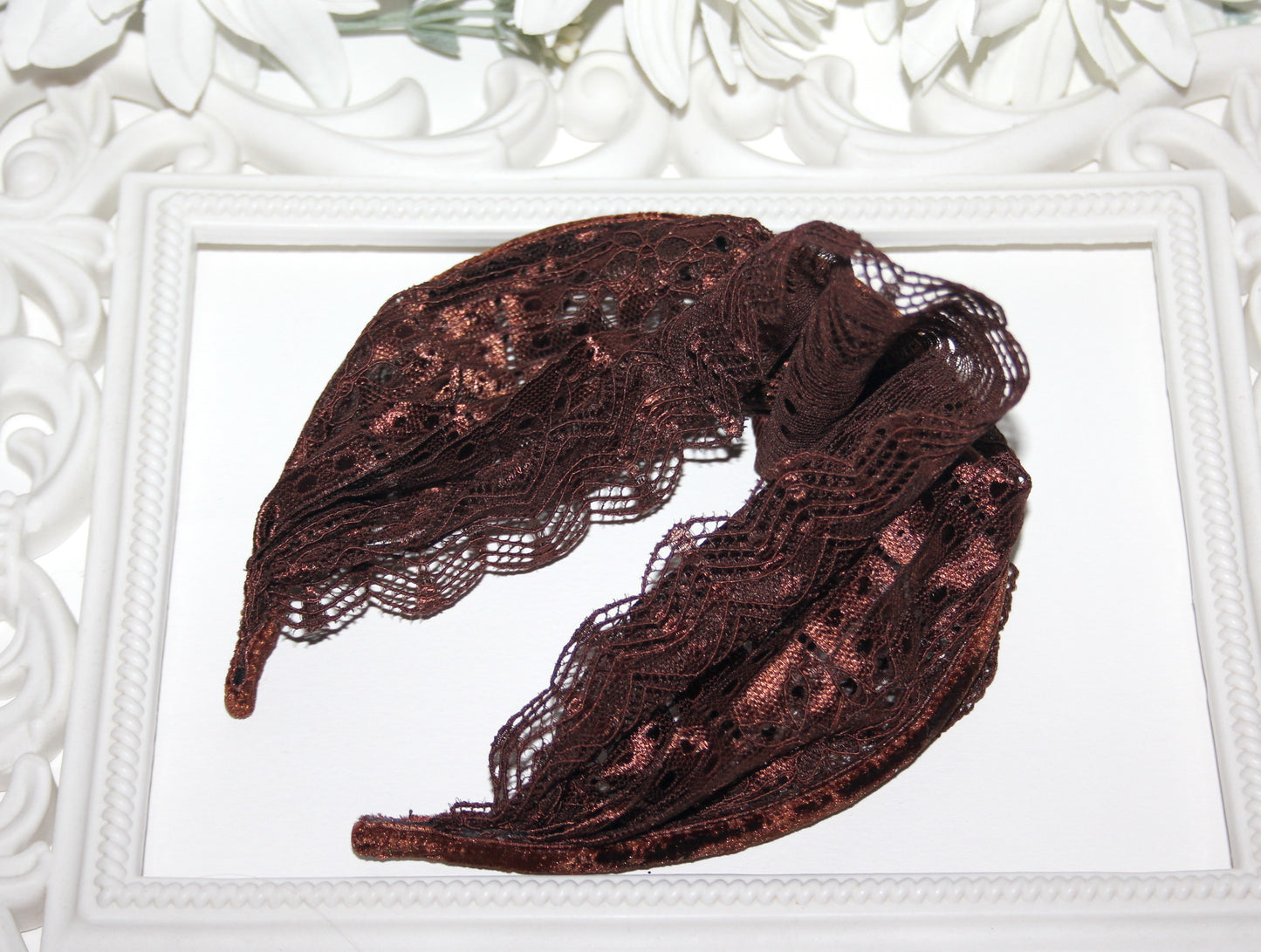 Chocolate Brown veil 6.75" inch Christian lace headband Structured religious head cover, plastic free