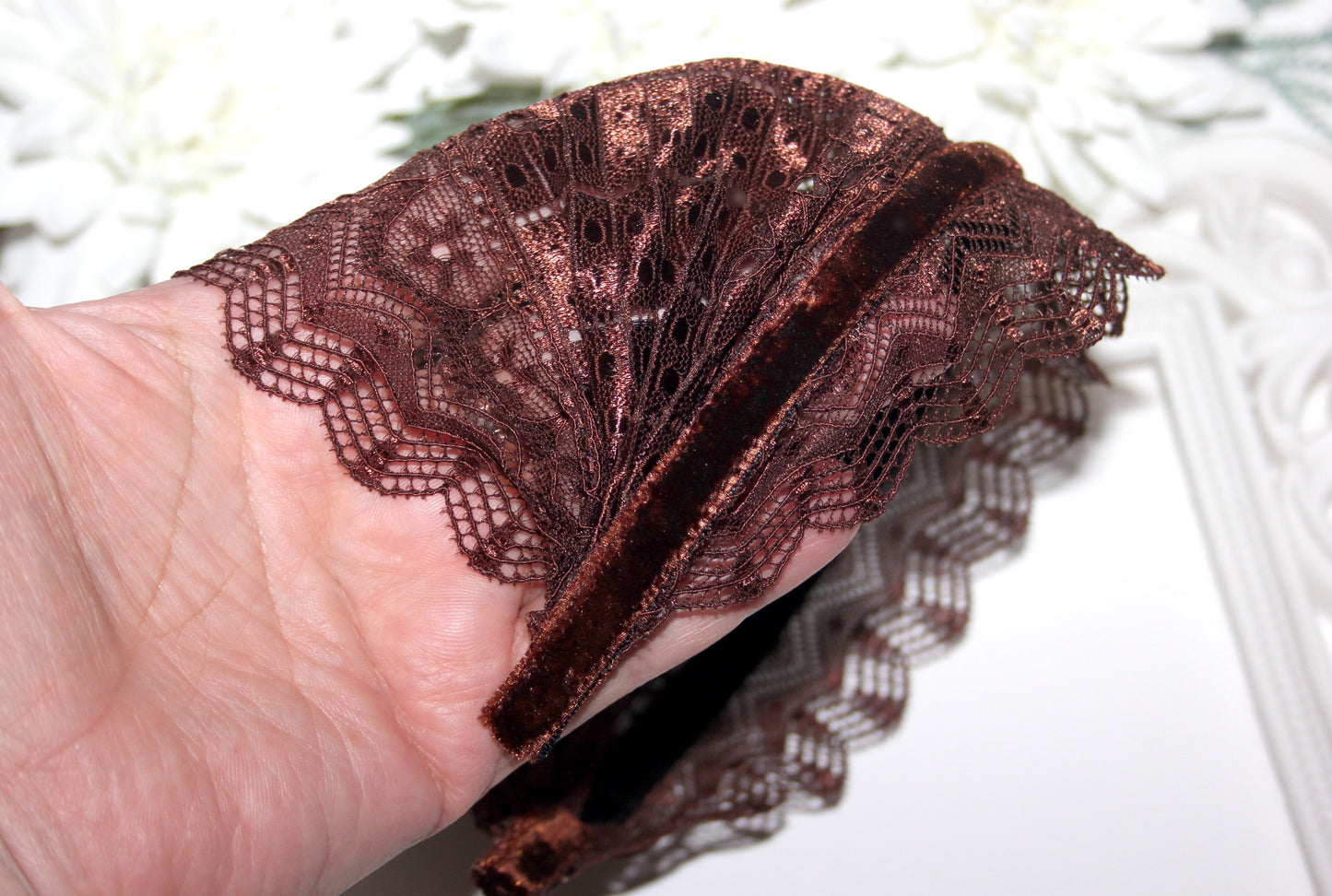 Chocolate Brown veil 6.75" inch Christian lace headband Structured religious head cover, plastic free