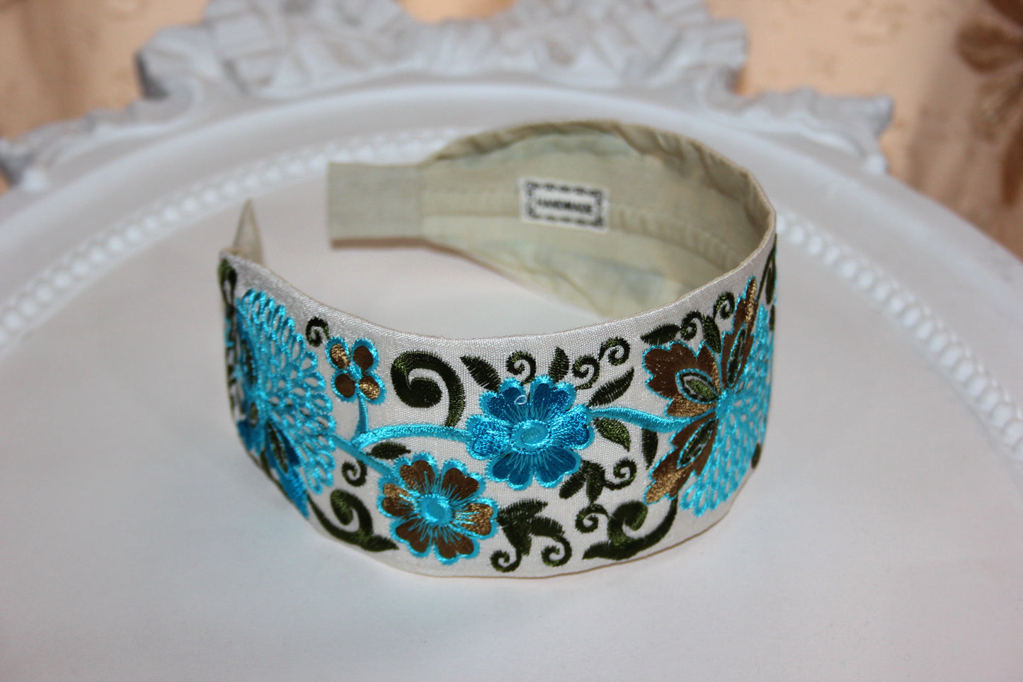 Blue headband for women 2.35'' inch Embroidered boho head band Blue flower hairband festival head cover