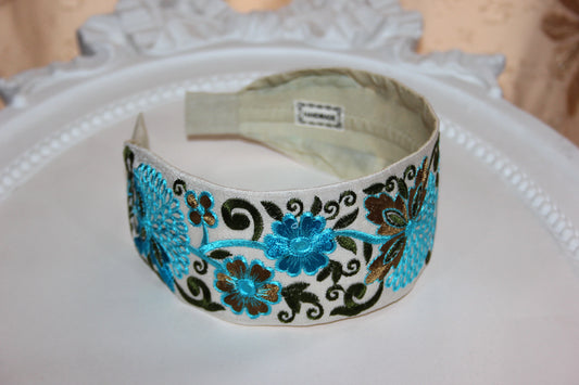 Blue headband for women 2.35'' inch Embroidered boho head band Blue flower hairband festival head cover