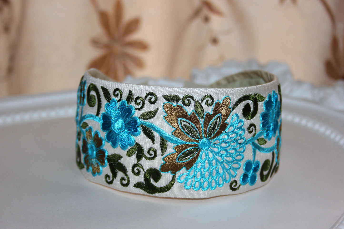 Blue headband for women 2.35'' inch Embroidered boho head band Blue flower hairband festival head cover
