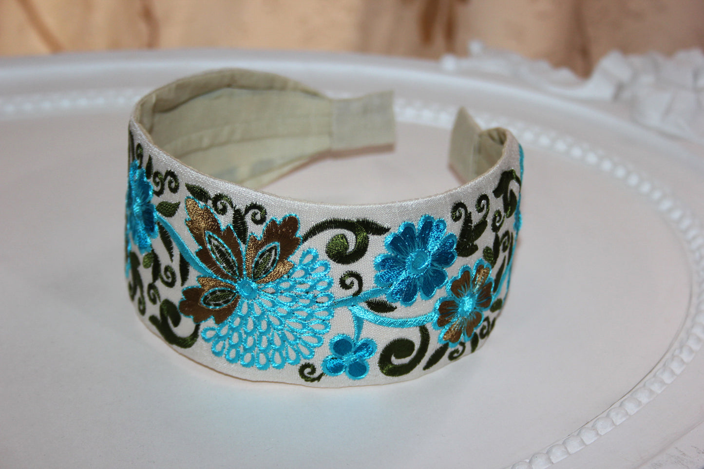 Blue headband for women 2.35'' inch Embroidered boho head band Blue flower hairband festival head cover