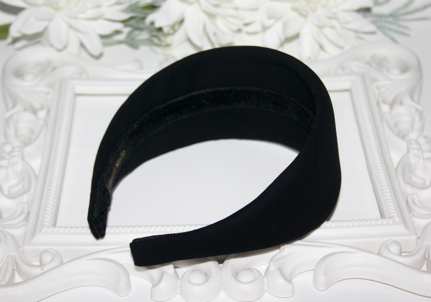 Black Padded woman headband, Viscose blend Cotton puffy headband, plastic free