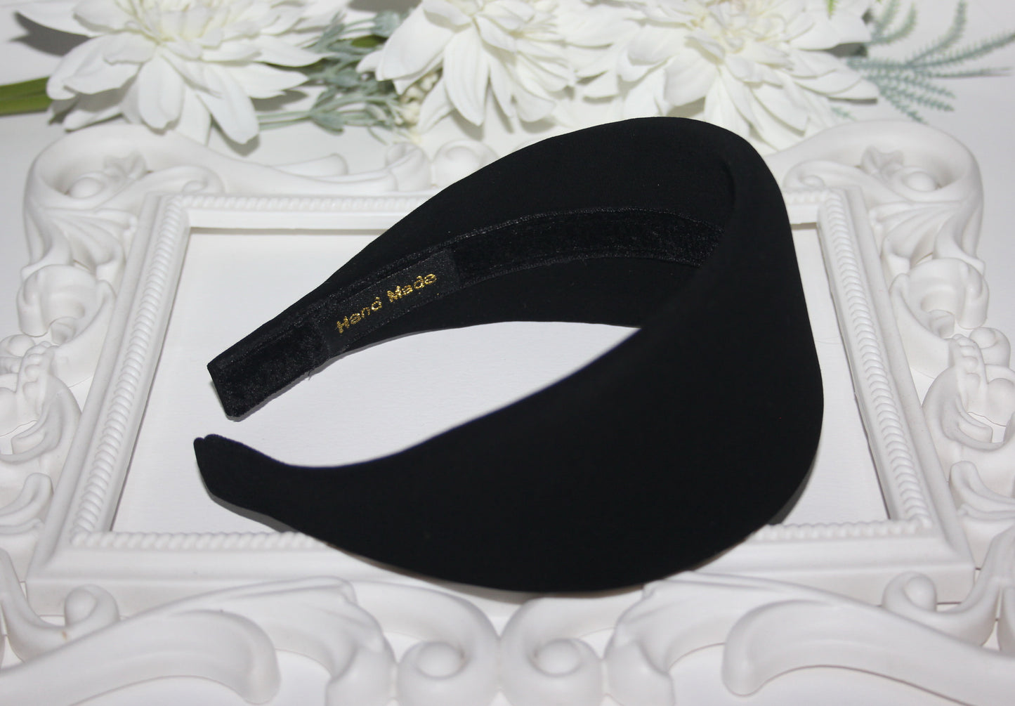 Black Padded woman headband, Viscose blend Cotton puffy headband, plastic free