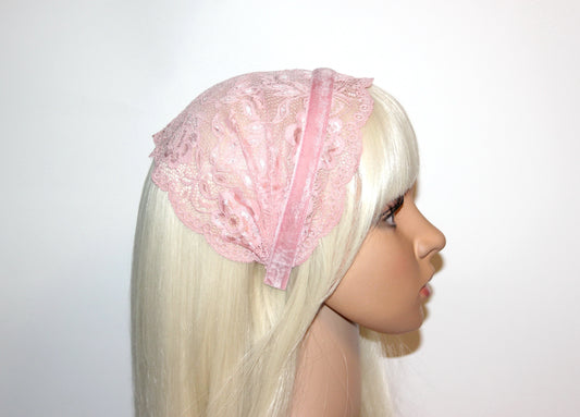 Christian head cover 7"inch Baby Pink lace headband Church head scarf, plastic free