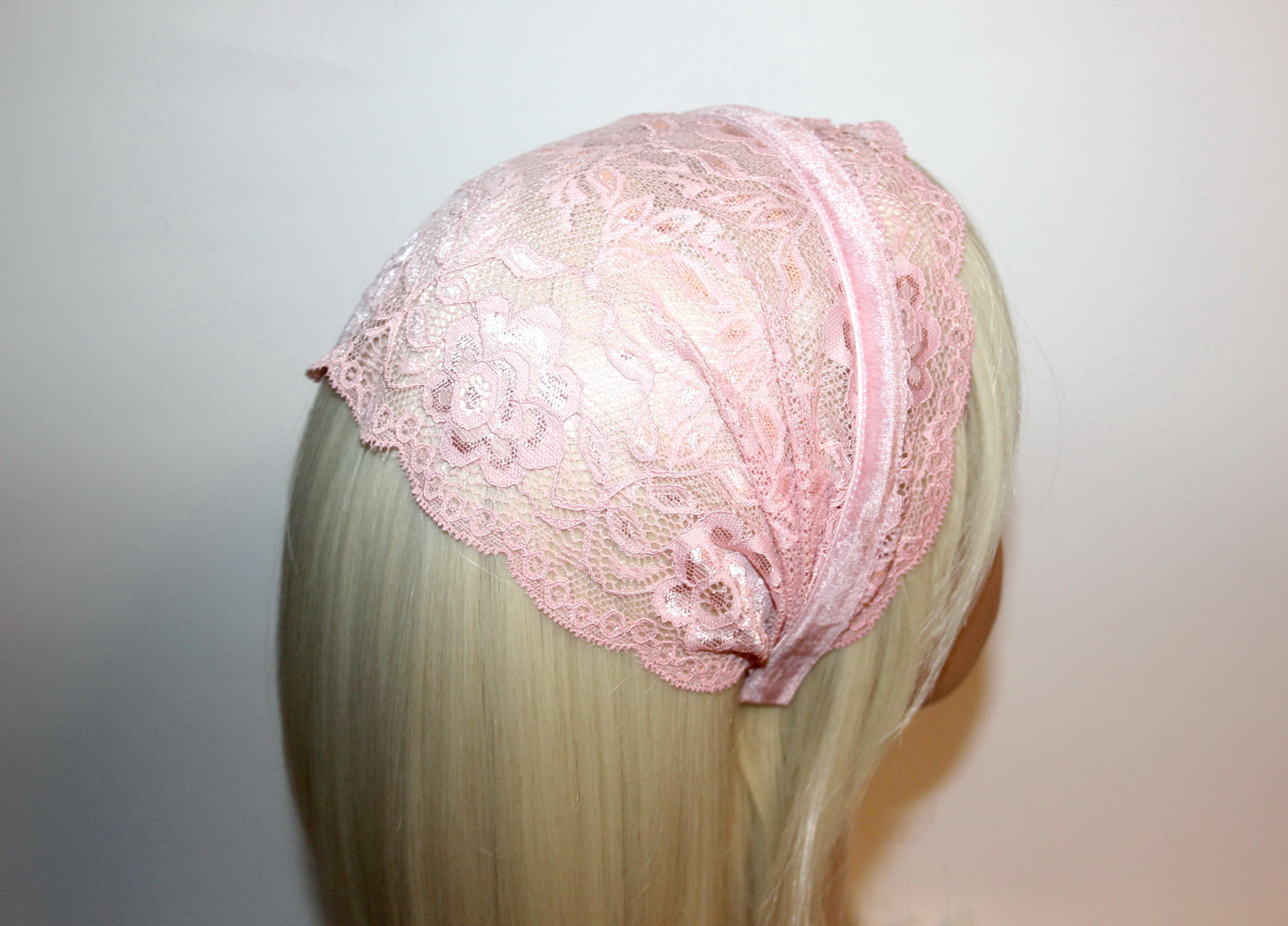 Christian head cover 7"inch Baby Pink lace headband Church head scarf, plastic free