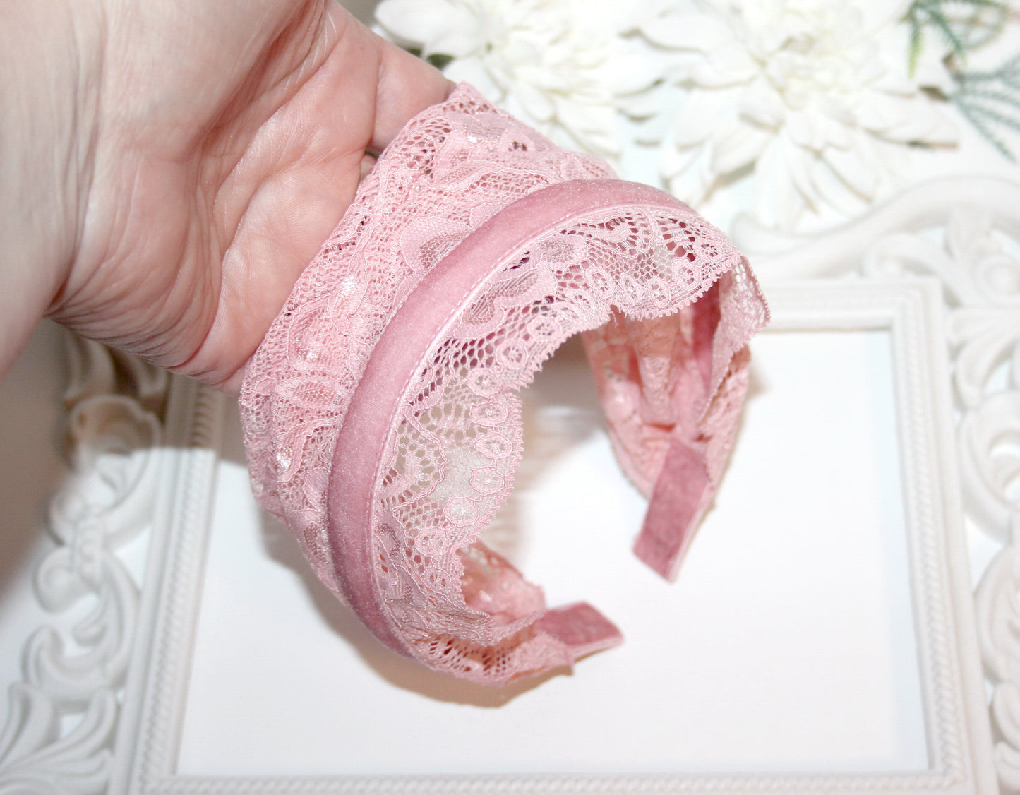 Christian head cover 7"inch Baby Pink lace headband Church head scarf, plastic free