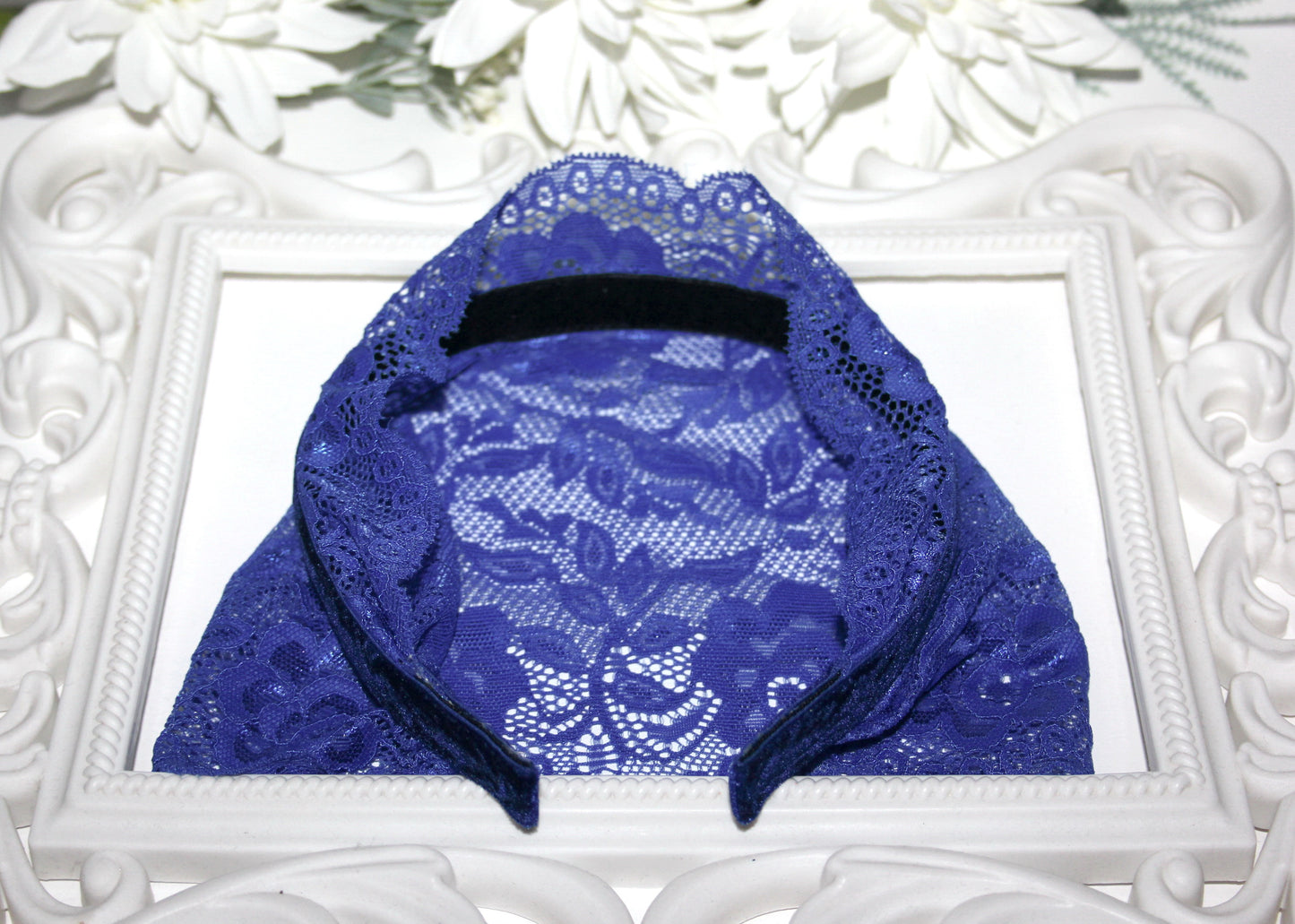 Royal Blue lace headband 7"inch Christian veil Structured head cover, plastic free