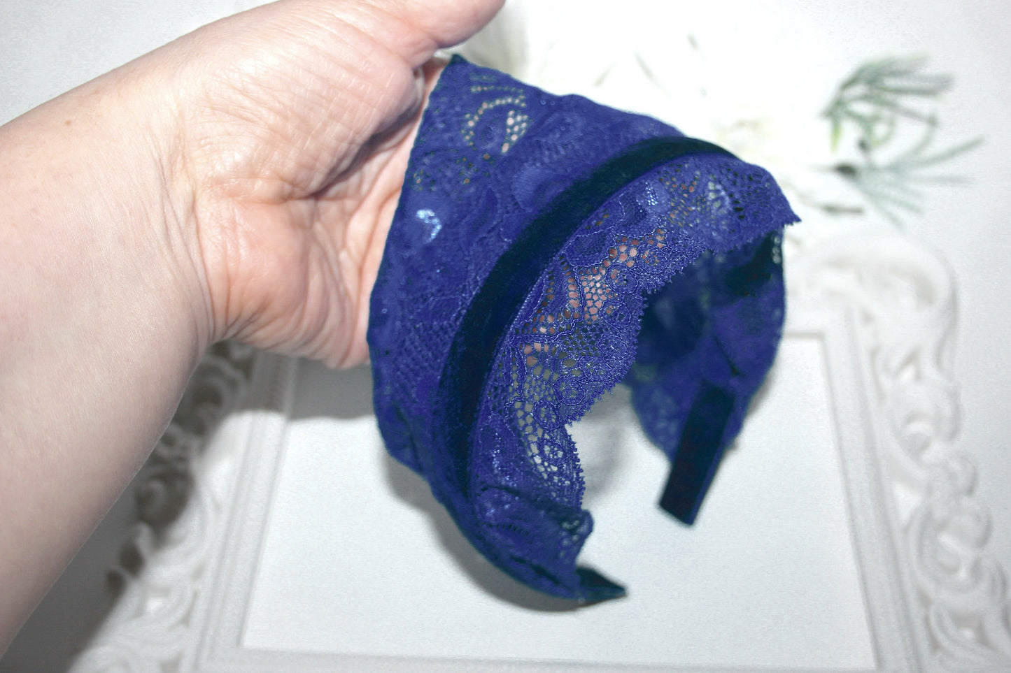 Royal Blue lace headband 7"inch Christian veil Structured head cover, plastic free