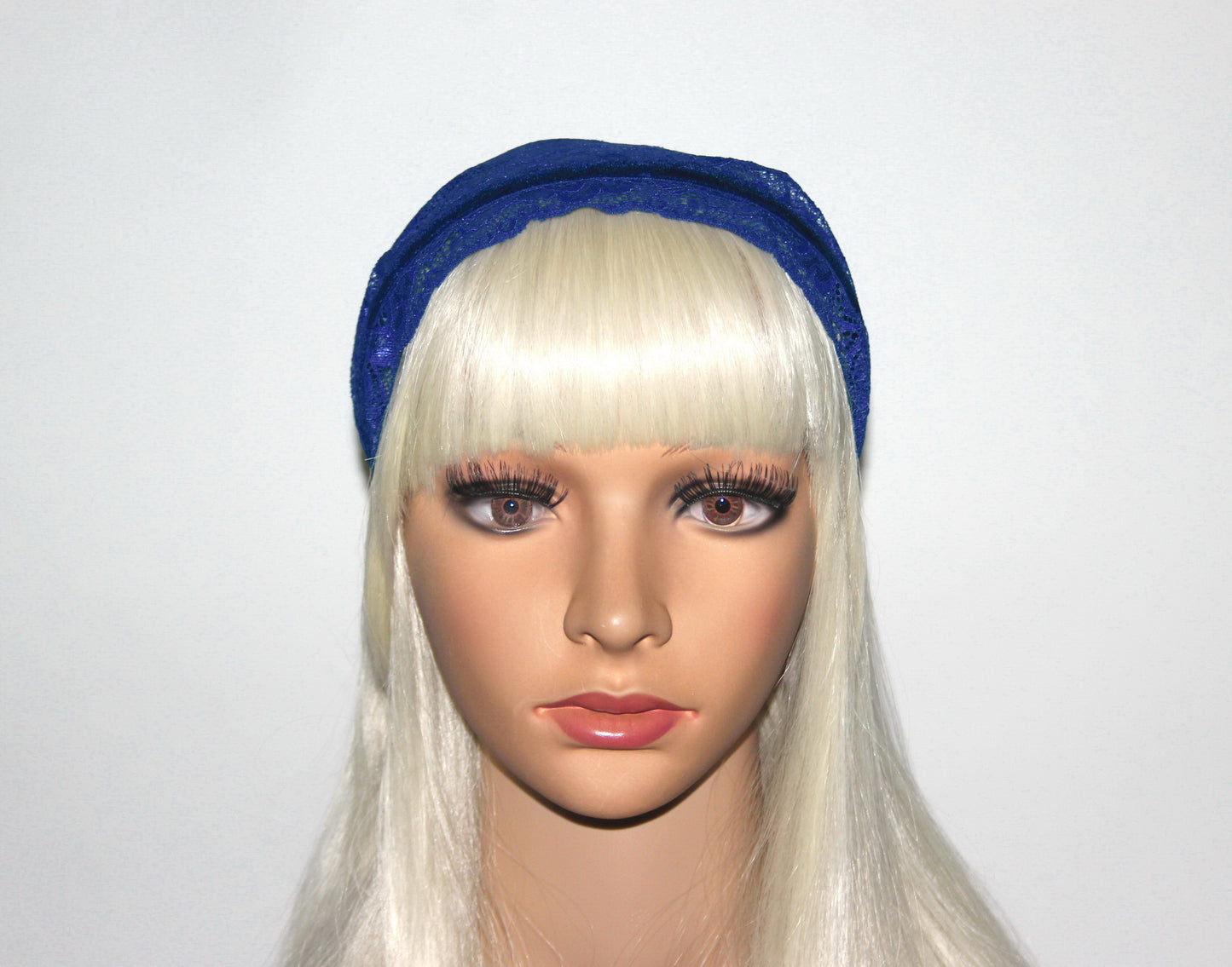 Royal Blue lace headband 7"inch Christian veil Structured head cover, plastic free