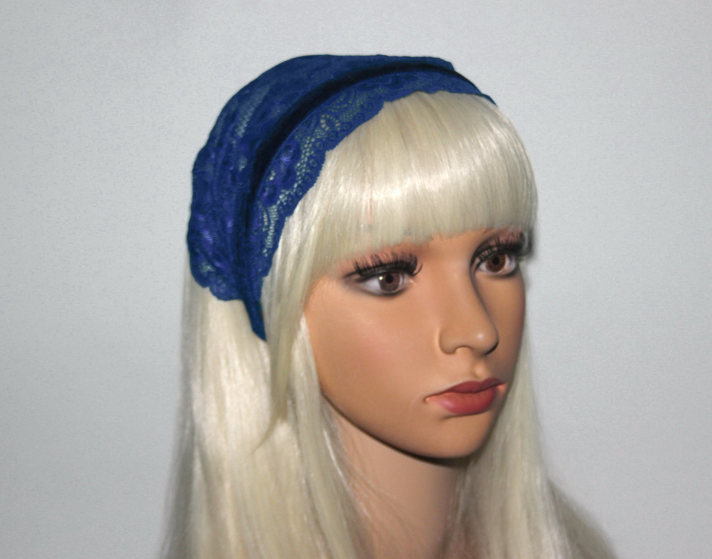 Royal Blue lace headband 7"inch Christian veil Structured head cover, plastic free
