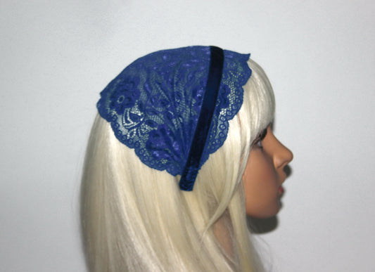 Royal Blue lace headband 7"inch Christian veil Structured head cover, plastic free