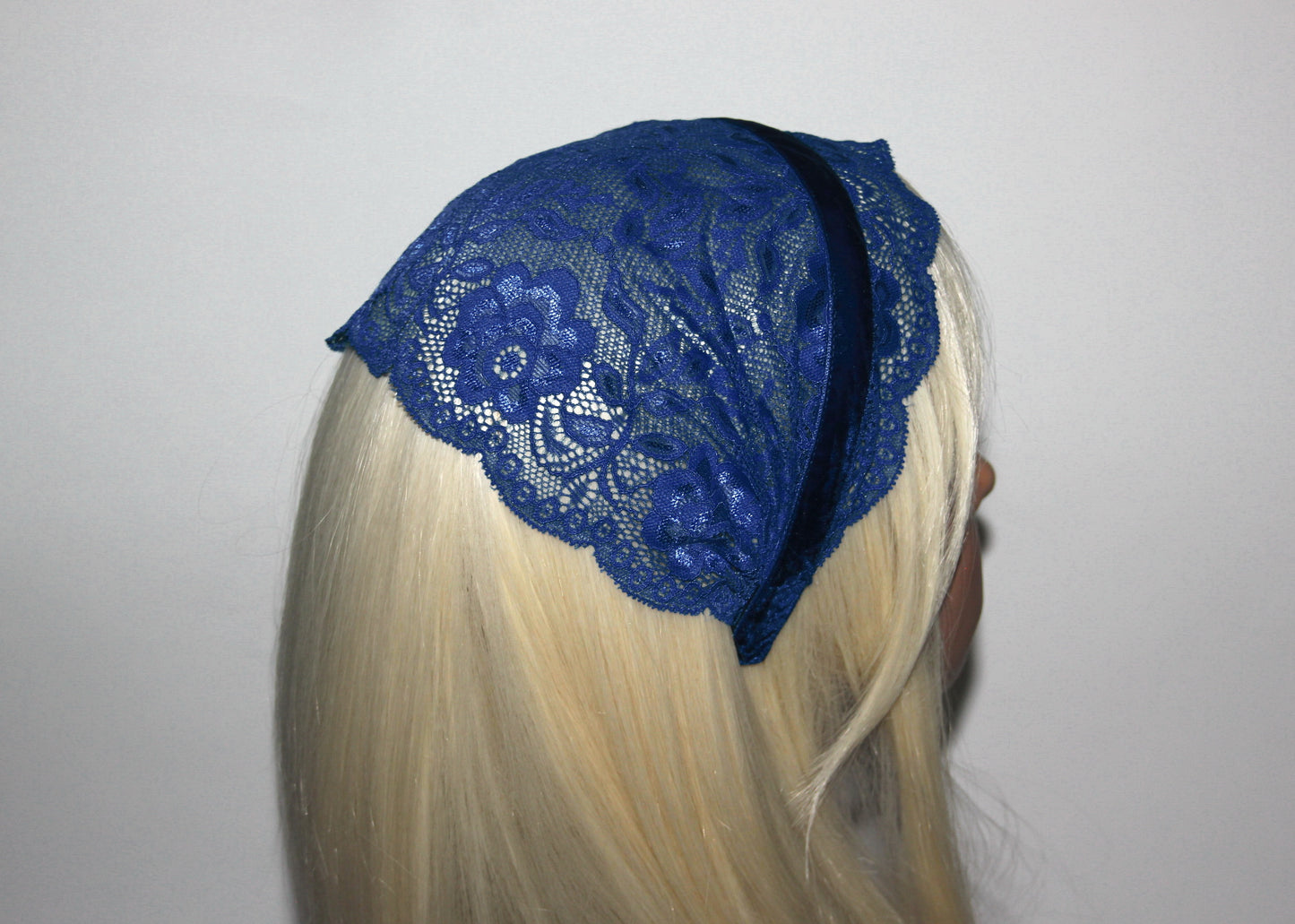 Royal Blue lace headband 7"inch Christian veil Structured head cover, plastic free