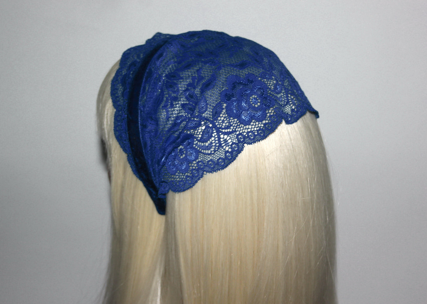 Royal Blue lace headband 7"inch Christian veil Structured head cover, plastic free