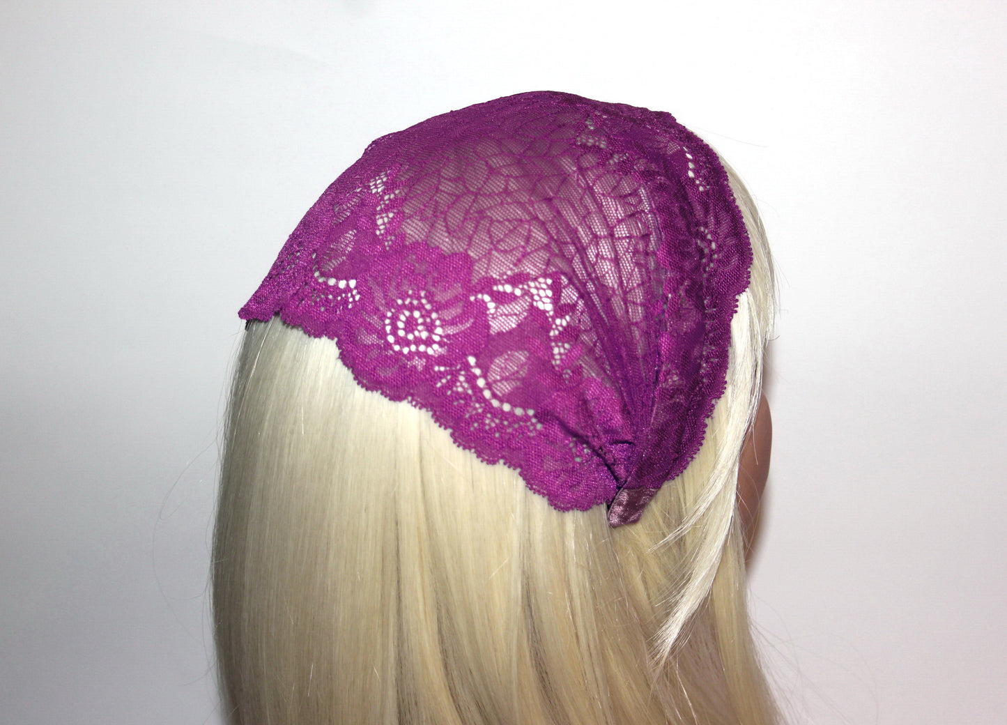 Magenta lace headband 7" inch Christian veil Structured religious head cover, plastic free