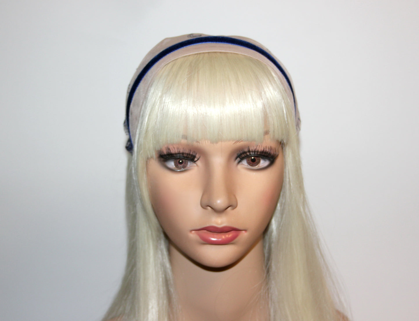 Christian head covering 7.5" inch Nude & Navy lace headband Embroidered religious head scarf, plastic free
