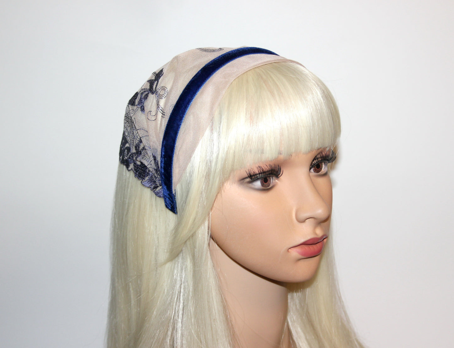 Christian head covering 7.5" inch Nude & Navy lace headband Embroidered religious head scarf, plastic free