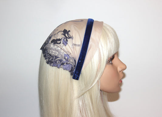 Christian head covering 7.5" inch Nude & Navy lace headband Embroidered religious head scarf, plastic free