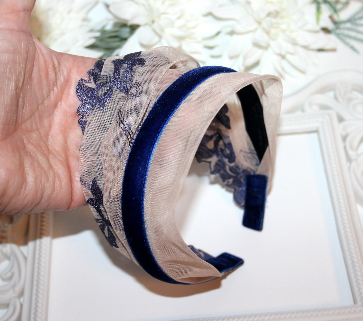 Christian head covering 7.5" inch Nude & Navy lace headband Embroidered religious head scarf, plastic free