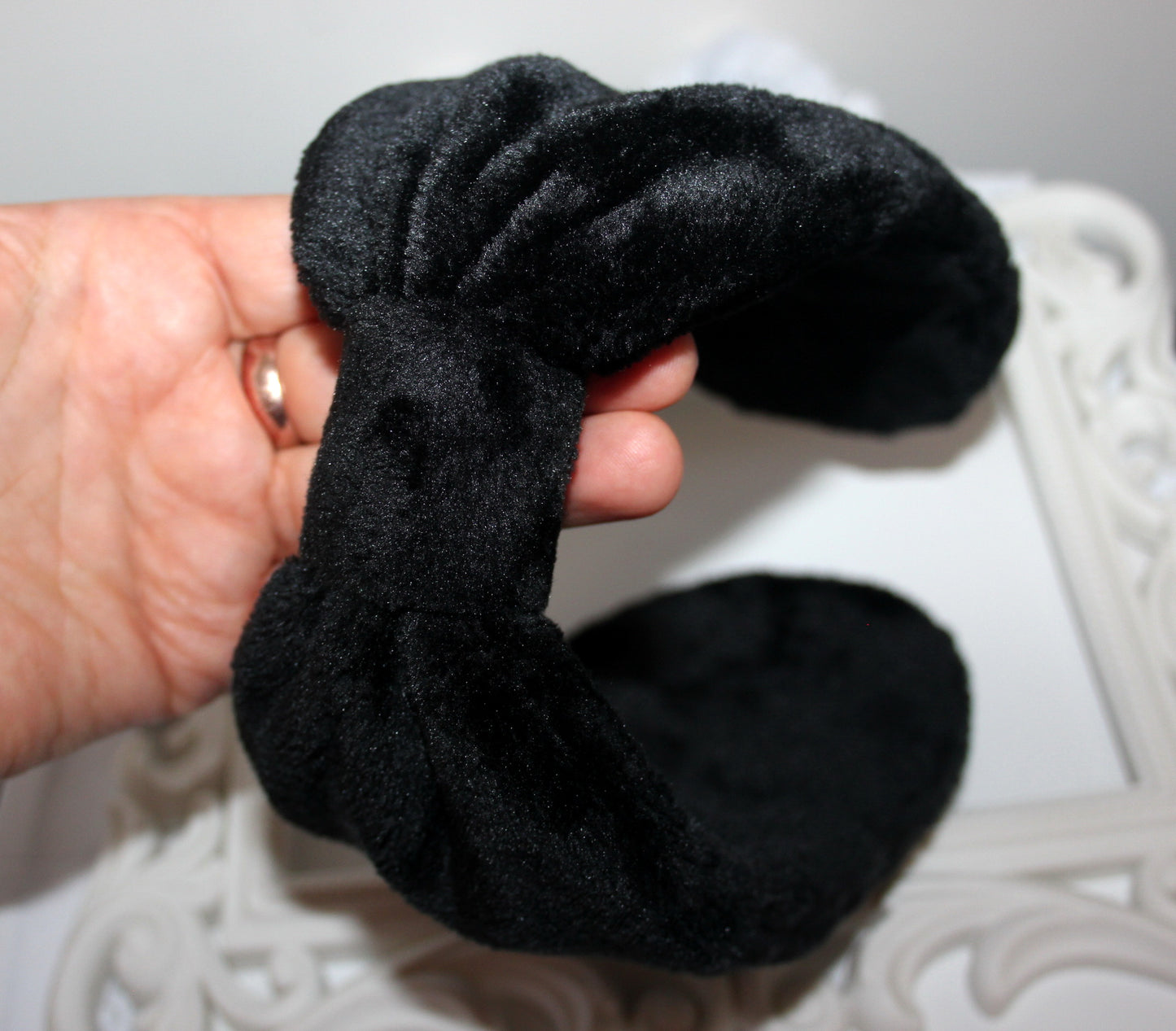 Thin fur earmuff Black faux fur ear warmer Women headband turban