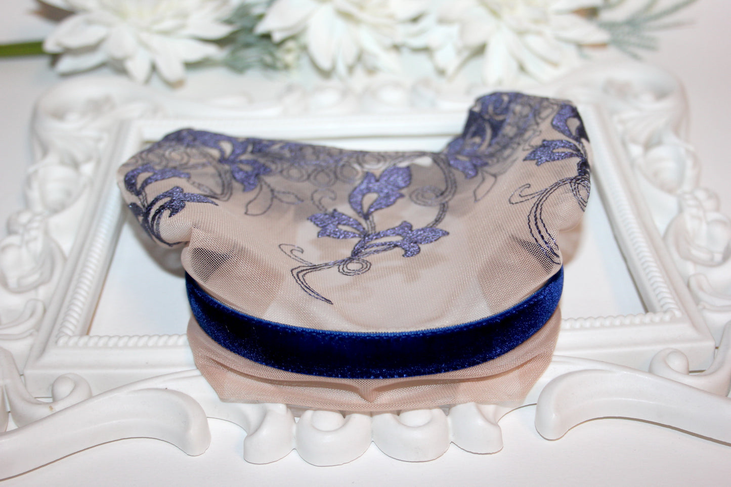 Christian head covering 7.5" inch Nude & Navy lace headband Embroidered religious head scarf, plastic free