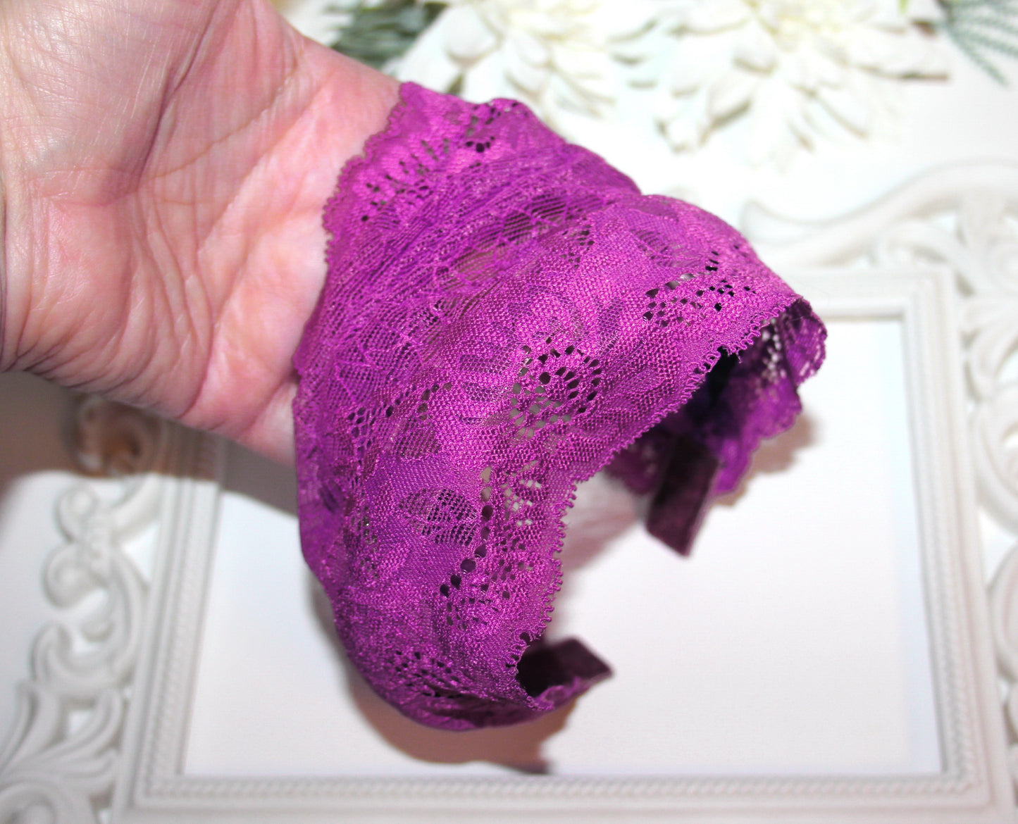 Magenta lace headband 7" inch Christian veil Structured religious head cover, plastic free