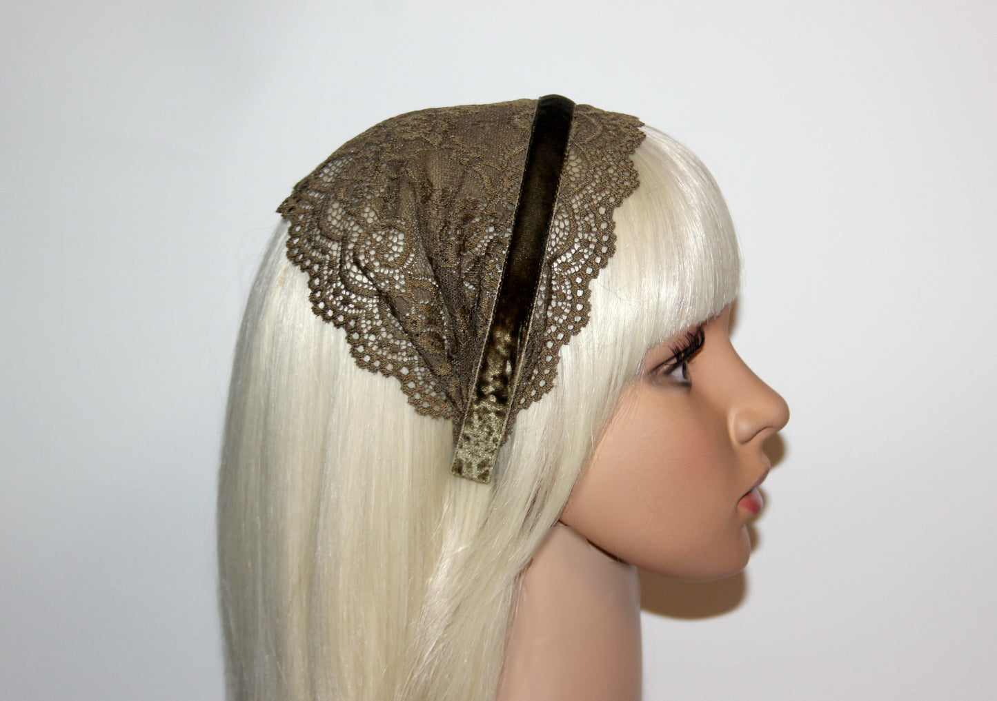Army Green prayer veil 6"inch Christian lace headband Structured religious head cover, plastic free