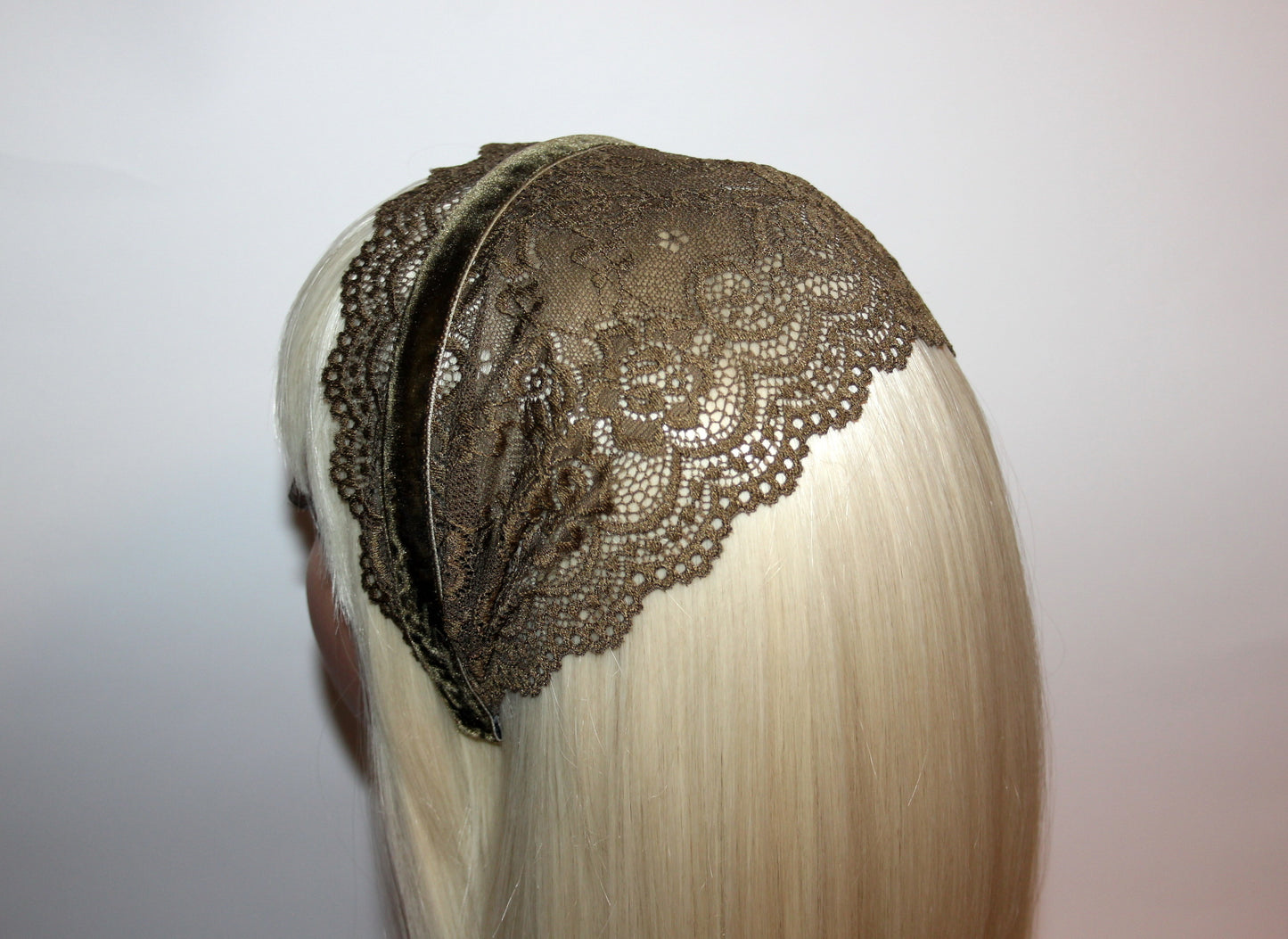 Army Green prayer veil 6"inch Christian lace headband Structured religious head cover, plastic free