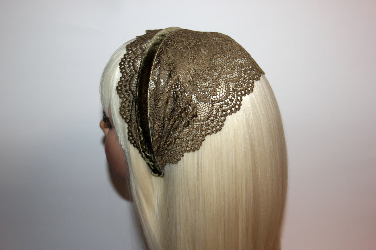 Army Green prayer veil 6"inch Christian lace headband Structured religious head cover, plastic free
