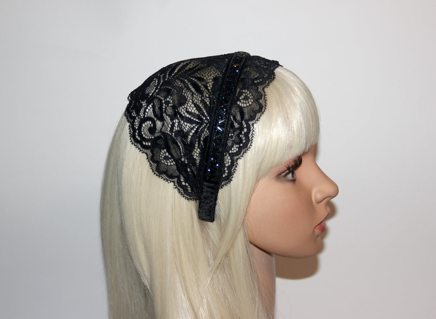 Black religious headband 6" inch Embellished prayer lace veil Christian head covering plastic free