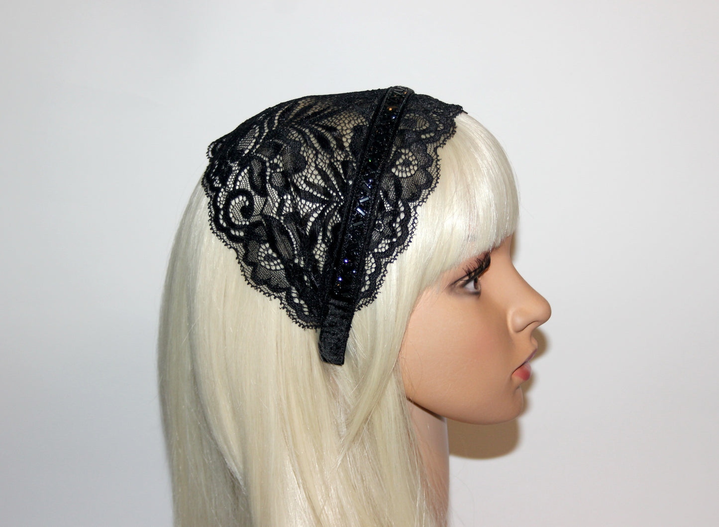 Black religious headband 6" inch Embellished prayer lace veil Christian head covering plastic free