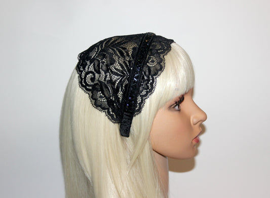 Black religious headband 6" inch Embellished prayer lace veil Christian head covering plastic free