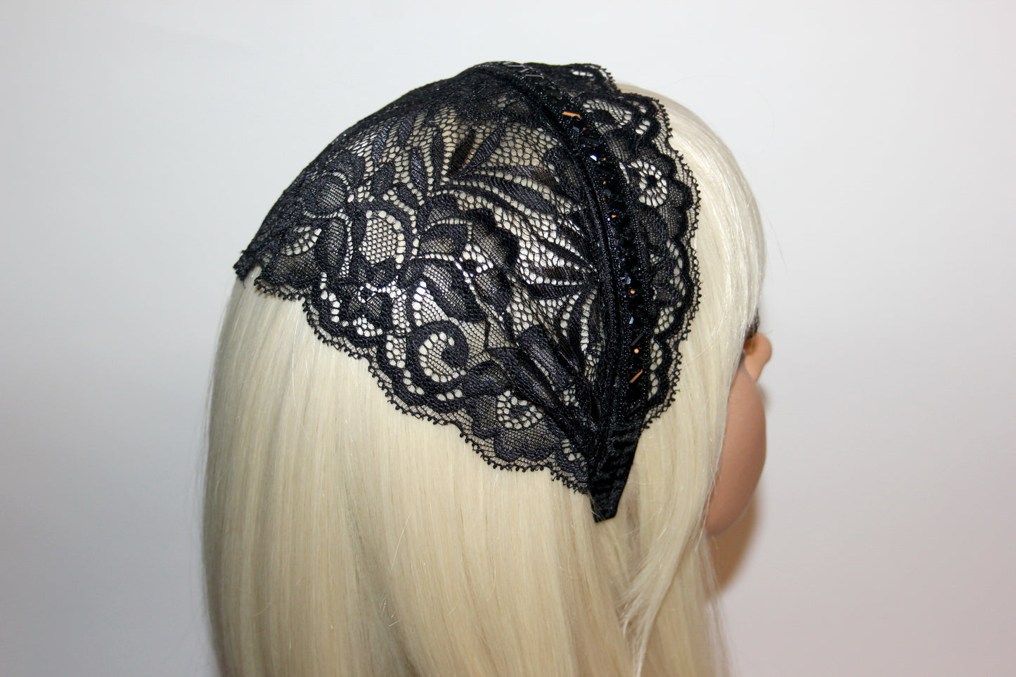 Black religious headband 6" inch Embellished prayer lace veil Christian head covering plastic free