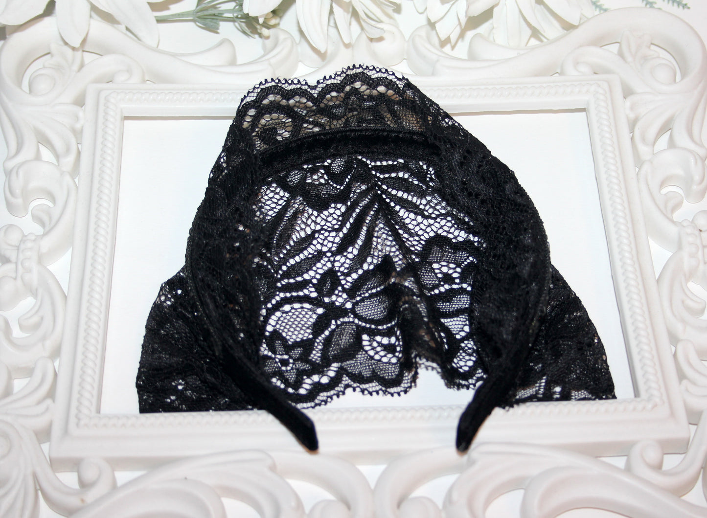 Black religious headband 6" inch Embellished prayer lace veil Christian head covering plastic free